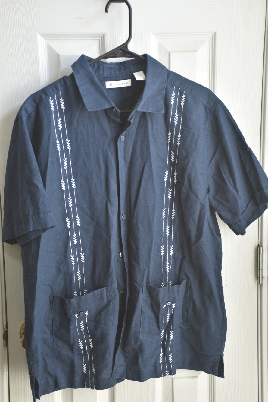 Cubavera Guayabera Bowling Shirt Navy Embroidered Short Sleeve L LSC164